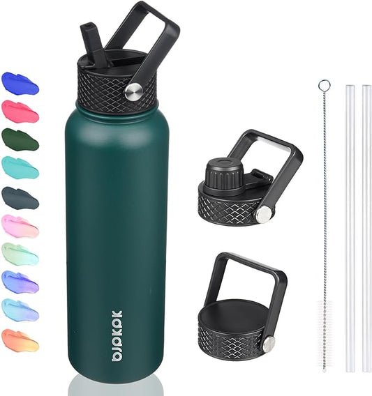 BJPKPK Insulated Water Bottles with Straw Lid, 40oz Stainless Steel Water Bottles with 3 Lids, BPA Free Leakproof Thermo, Tumblers, Cups for Sports, Gym- Army Green