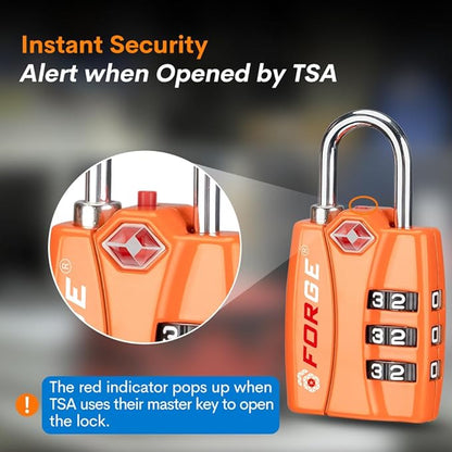 Forge TSA Luggage Combination Lock - Open Alert Indicator, Easy Read Dials, Alloy Body- Ideal for Travel, Lockers, Bags (Orange 2PK)