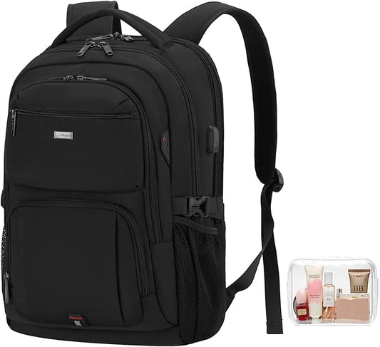DUSLANG 17 Inch Laptop Backpack for Travel Water Resistant College Backpack for Men Women Laptop Bag with USB Charging Port and Clear Cosmetic Bag, Black