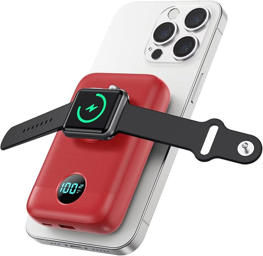 Magnetic Portable Charger for iPhone,10800mAh 4-in-1 Power Bank with iWatch Charger,25W PD Fast Charging Battery Pack for Magsafe,iPhone 17/16/15/14/13/12 Series,Apple Watch,Travel Essential,Red