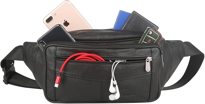 Genuine Leather Fanny Pack/Waist Bag/Organizer with Adjustable Belt, Multiple Pockets For Men and Women