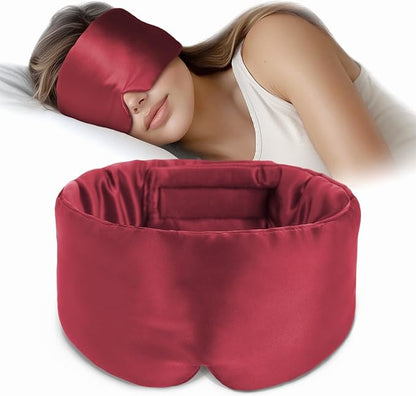 Silk Sleep Mask Soft Pressureless: 100% Mulberry Silk for Eye Skin Anti Wrinkles, Large Size for Total Blackout, Adjustable Wide Velcro Ear Cover, Burgundy