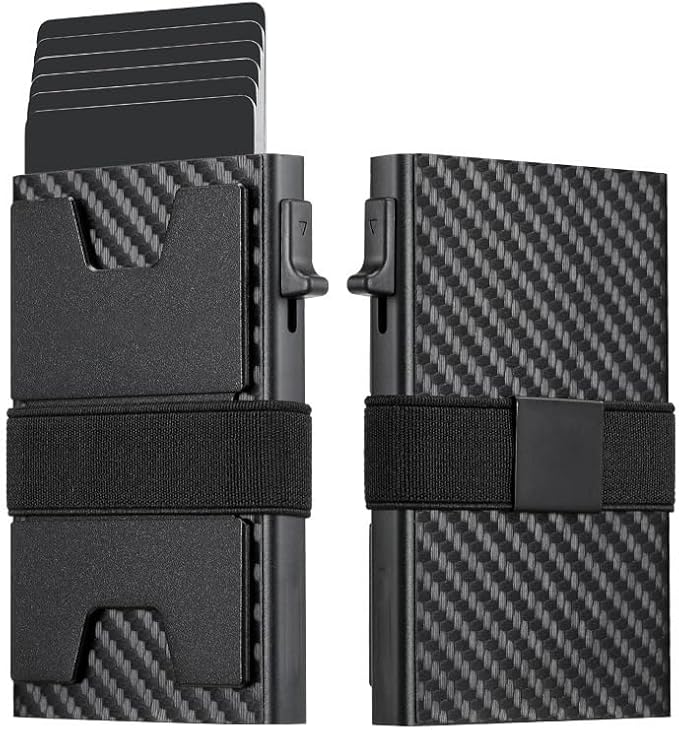 Jenoss Smart Pop Up Wallet for Men: Aluminum Card Holder Wallet, Slide Pop Up Case, Slim Metal RFID Blocking Credit Card Holder, Minimalist Compact 12+ Cards Slot Organizers ID Money Clip (Carbon)