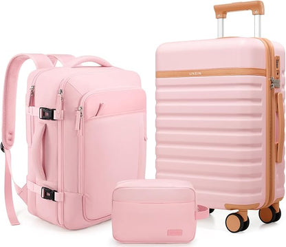 UKEIN Luggage Sets 3 Piece, PC Hardside Carry On Luggage 24 Inch With Spinner Wheels with TSA Lock, Large Suitcase Set With Travel Backpack (Pink, 3 piece set (24inch))