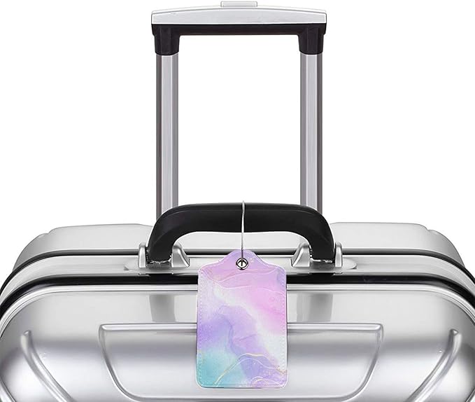 Pink Luggage Tags 2 Pack for Girls Women, Watercolor Light Purple and Cyan Blue Background Leather Suitcase Tags Identifiers, Cute ID and Name Labels with Privacy Covers for Backpack Travel Bag