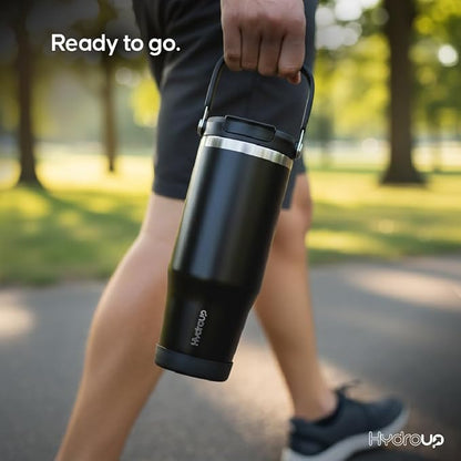 Sport Tumbler 32oz Stainless Steel Water Bottle, Vacuum Insulated with 2-in-1 Lid (Straw & Spout), Leak-Proof Reusable Travel Mug for Hot and Cold Drinks