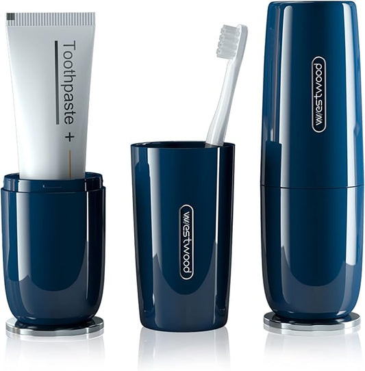 Luxury Blue Toothbrush Travel Case, Portable Travel Toothbrush & Toothpaste Holder Cover Organizer Container with Mouthwash Cup for School, Camping, Business Trip, Bathroom Storage