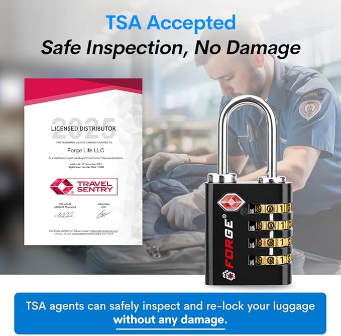 Forge Dual-Opening: Key or Combination Access Lock, Use Key to Recover Code If Forgotten, TSA Approved Locks for Luggage, Pelican case, Travel, Gym, School, Stainless Steel Shackle.(Black 6 Pk)