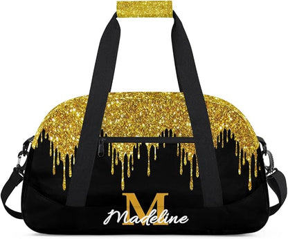 Personalized Kids Sports Duffel Bag with Name Custom Weekender Overnight Bag for Boys Girls Gym Bag Travel Dance Gymnastics Duffel Bag, Golden Glitter