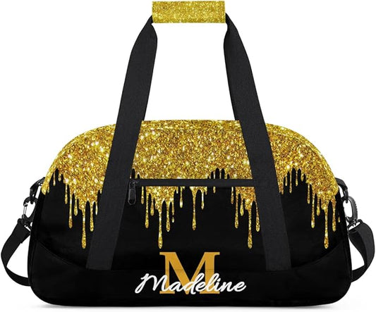 Personalized Kids Sports Duffel Bag with Name Custom Weekender Overnight Bag for Boys Girls Gym Bag Travel Dance Gymnastics Duffel Bag, Golden Glitter
