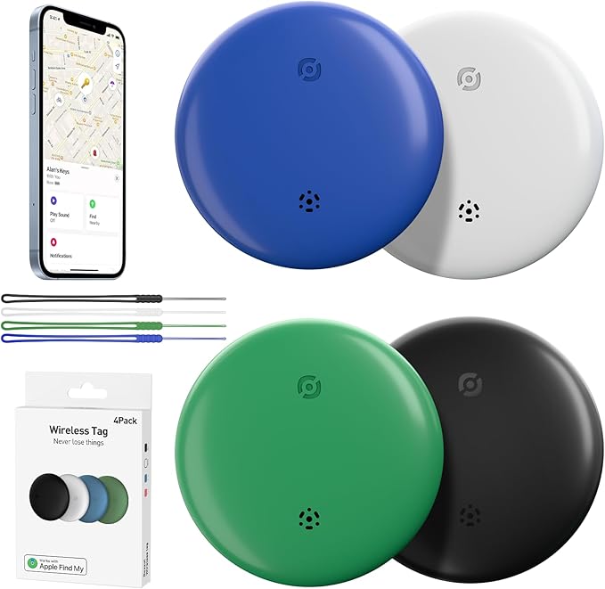 Air Tags Tracker 4 Pack:Bluetooth Item Finder Works with Apple Find My, iOS Only – Key Finder, Pet Tracker, Luggage Locator, Wallet & Backpack Tag – Replaceable Battery (Coastal Mix Pack)