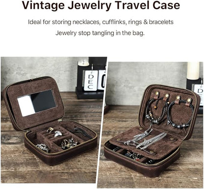 CONTACTS Genuine Leather Jewelry Box for Men Travel Jewelry Organizer Zipper Jewelry Cufflinks Ring Necklace Bracelet Storage Case with Mirror, Rectangular+mirror, Coffee