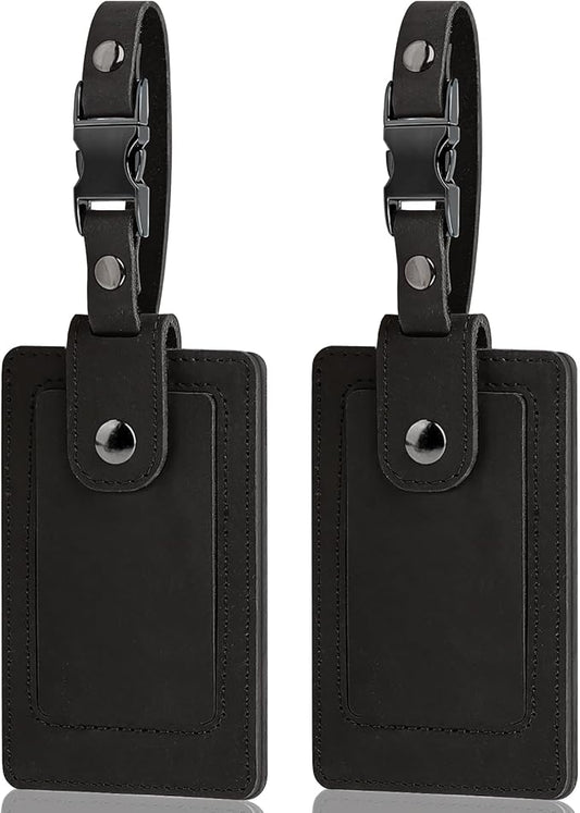 Premium Genuine Leather Luggage Tags for Suitcases - Quick Release, Privacy Protection, Elegant and Durable, Travel Essential Luggage Tag - 2 Pack Black