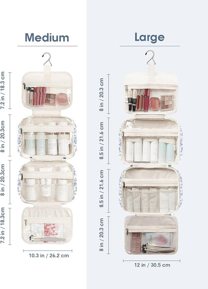 Narwey Hanging Floral Toiletry Bag for Women Travel Makeup Bag Organizer Toiletries Bag for Travel Size Essentials Accessories Cosmetics (Little Blue Flower (Medium))