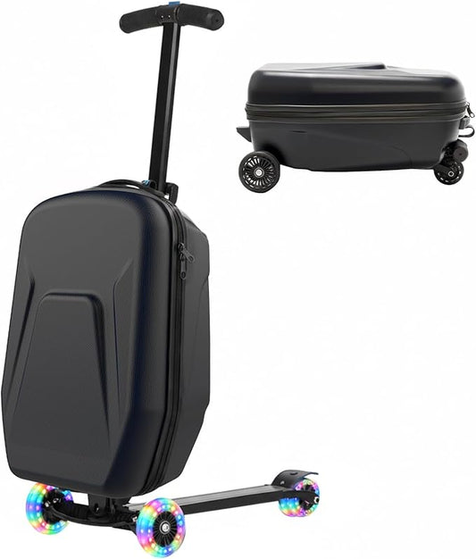 20" Hardshell Scooter Suitcase for Kid & Adult Foldable 2 in 1 Ride on Carry on Travel Trolley Scooter Luggage With Wheels