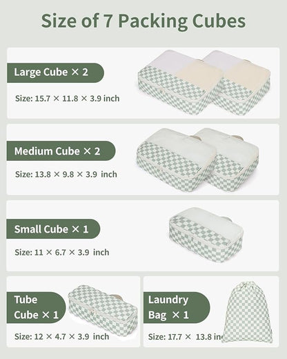 Narwey 7 Set Checkered Packing Cubes for Travel Carry on Suitcase Luggage Organizer Bags for Kids Women Men, Durable Packing Organizers Bag, Travel Essentials Accessories (Mint Green Checkerboard)