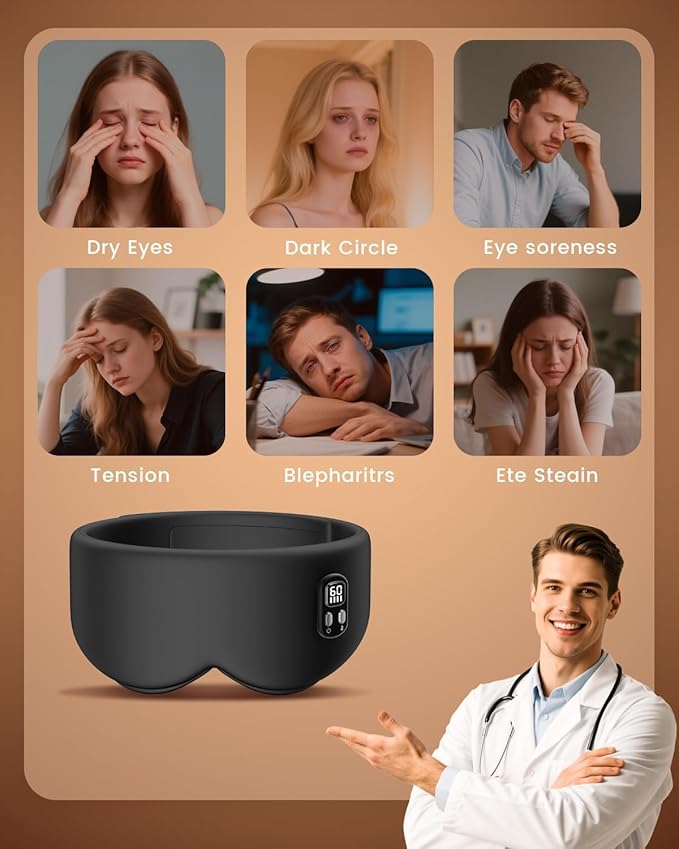 Heated Eye Mask - Cordless Eye Mask for Dry Eyes, Eye Relief, Improved Sleep, Timed Shutdown, 4 Temperature, Washable Eye Heating Pad for Travel, Removable for Cleaning - Black