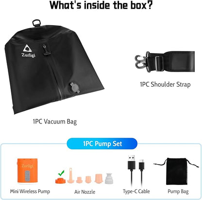 Zurligi Vacuum Bags for Travel with Pump, Vacuum Compression Bag with Adjustable Shoulder Strap, IP67 Reusable Vacuum Packing Cubes for Luggage, Backpack, Suitcase, Yoga, Swim, Beach