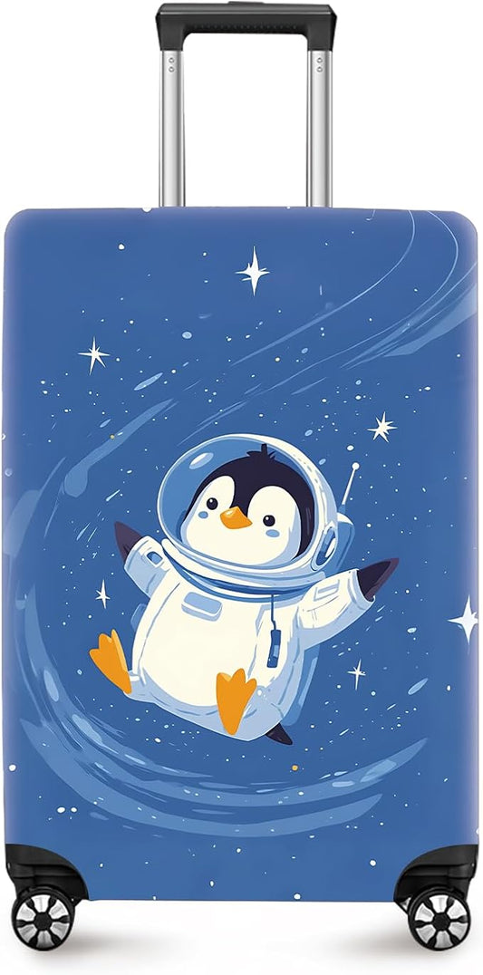 ANNA QUEEN Astronaut Penguin Luggage Cover, Cute Space Penguin Design Suitcase Protector, Washable Stretchable Travel Sleeve for 32-34 Inch Luggage