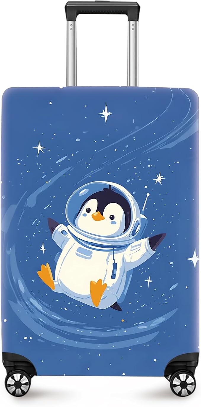 ANNA QUEEN Astronaut Penguin Luggage Cover, Cute Space Penguin Design Suitcase Protector, Washable Stretchable Travel Sleeve for 24-26 Inch Luggage