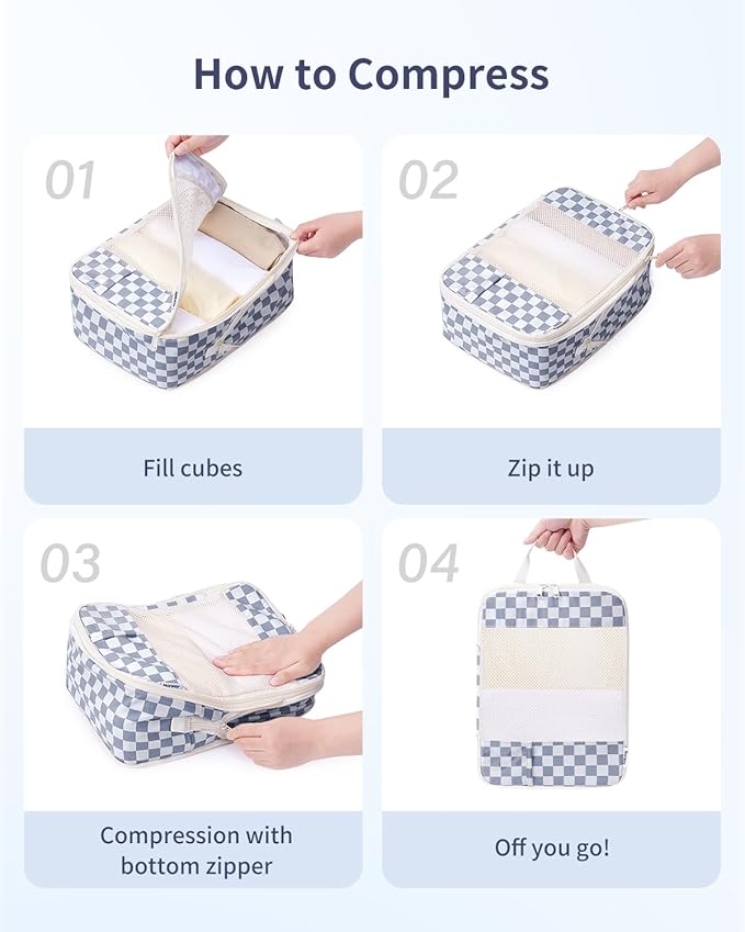 Narwey 5 Set Compression Packing Cubes for Travel, Luggage Packing Organizer Bags for Carry on Suitcase, Expandable Checkered Storage Bags with Laundry & Handle (Grayish Blue Checkerboard)