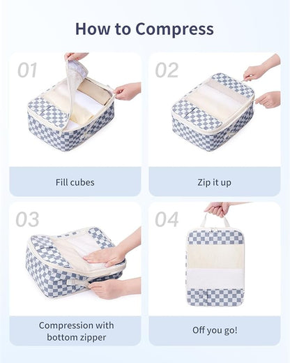 Narwey 5 Set Compression Packing Cubes for Travel, Luggage Packing Organizer Bags for Carry on Suitcase, Expandable Checkered Storage Bags with Laundry & Handle (Grayish Blue Checkerboard)