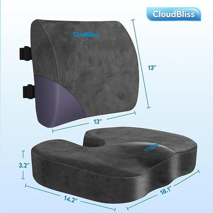 CloudBliss Seat Cushion,Office Chair Cushions,Car Seat Cushion,Lumbar Support Pillow for Office Chair,Back Support Memory Foam Pillow Coccyx Cushion for Tailbone Pain,Sciatica & Back Pain Relief -Grey