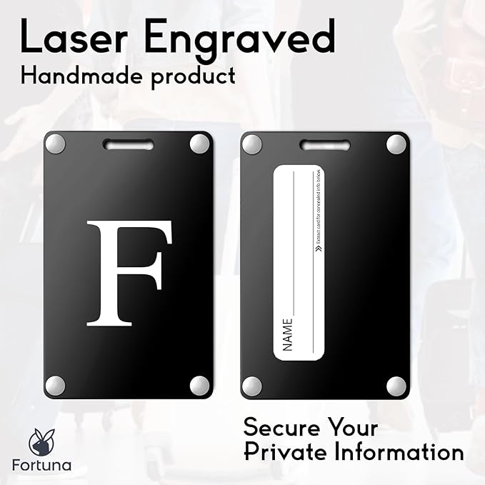 Premium 3-Layer Aluminum Luggage Tags by Fortuna - Easy to Claim, Laser-Engraved, Plastic-Free, and Eco-Friendly Luggage Tag Holders, 2-Pack, Black (F)