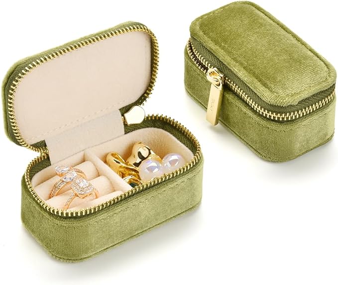 TAIMY Small Travel Jewelry Case, Mini Tiny Plush Velvet Jewelry Box for Women and Girls, Pocket Size Jewelry holder organizer for Rings Earrings and Small Items(Mistletoe Green)