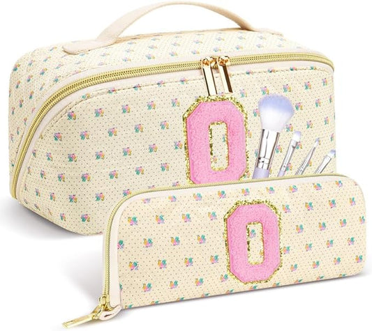 Personalized Travel Makeup Bag Set,Initial Travel Cute Floral Makeup Organizer Bag,Toiletry Skincare Cosmetic Bag,Christmas Gifts for Women/Girls,Open Flat Toiletry Pouch with Brush Pocket-O