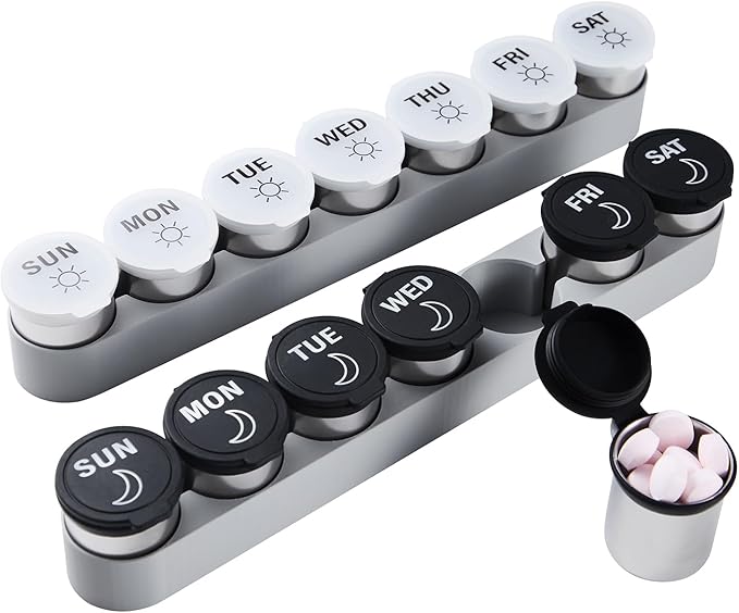 Weekly Stainless Steel Pill Organizer 7 Day, Magnetic Refrigerator Mountable Pill Box Case with Silicone-Sealed Lid for Travel(Morning & Evening)