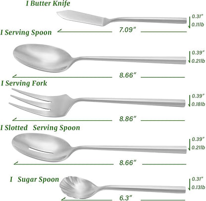 DEACORY 5-Piece Silverware Stainless Steel Matte Finished Flatware Thick Heavy Hexagon Cutlery Serving Utensils Set