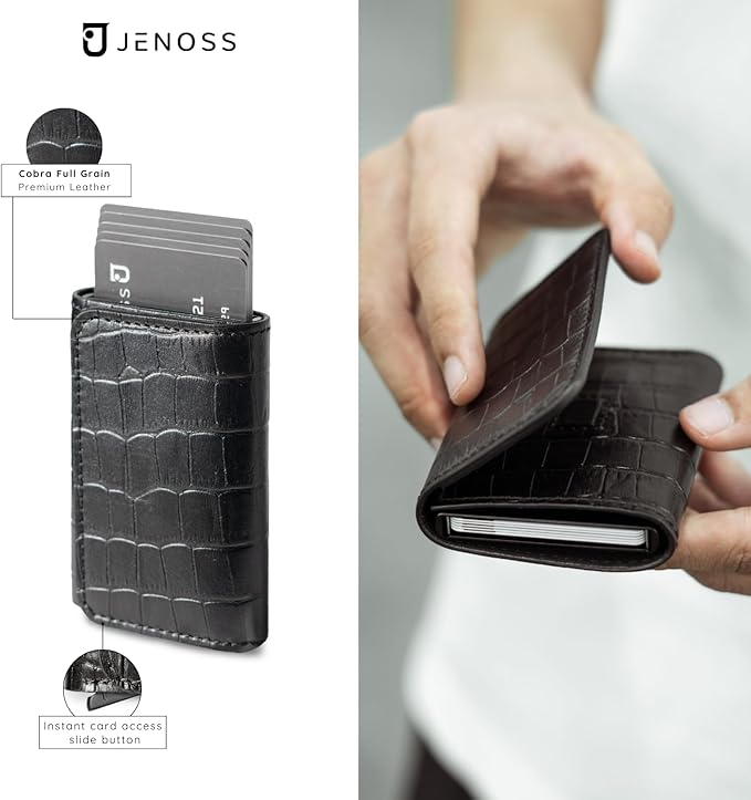 Jenoss Smart Wallet For Men: Full Grain Leather, Handcrafted, Slide Metal Pop Up Case, Slim RFID Blocking Credit Card Holder, Minimalist Compact, 6-8 Cards Organizers, Front Pocket, Money Clip (Black)