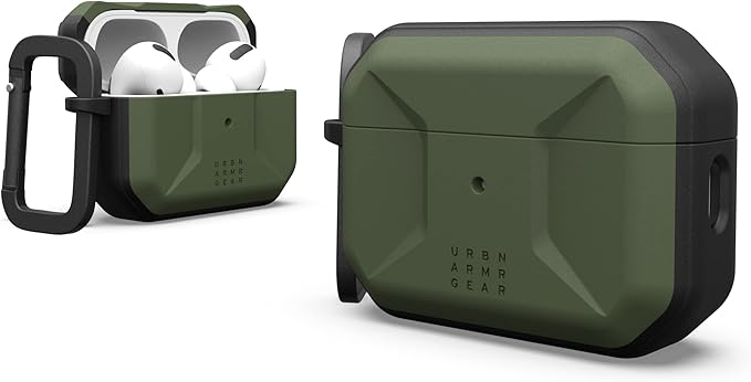 UAG Designed for AirPods Pro (2nd Gen 2022) Civilian Olive Drab, Premium Rugged Slim Water Resistant Full Protective Case Cover with Detachable Keychain Carabiner by URBAN ARMOR GEAR