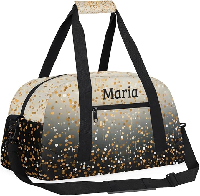 Personalized Kids Sports Duffel Bag with Name Custom Weekender Overnight Bag for Boys Girls Gym Bag Travel Dance Gymnastics Duffel Bag, Golden Glitter Black Shiny