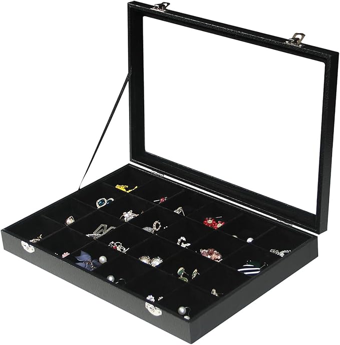 Coward Jewelry Organizer Box, Black Velvet 24 Grids Ring Earring Jewelry Display Tray Case with Transparent Glass Lid for Home Drawer or Shop Selling