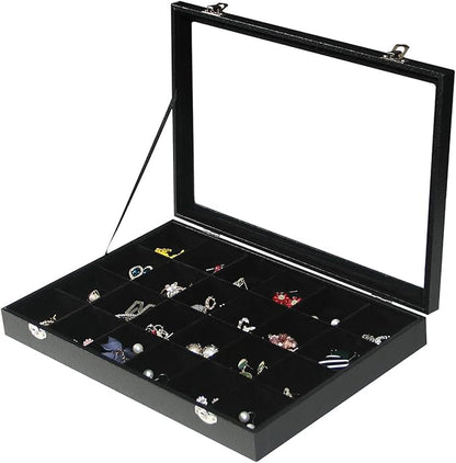 Coward Jewelry Organizer Box, Black Velvet 24 Grids Ring Earring Jewelry Display Tray Case with Transparent Glass Lid for Home Drawer or Shop Selling