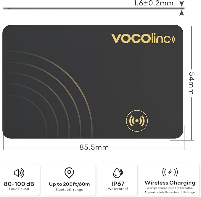 [Apple MFi Certified] VOCOlinc Air Card Tag Rechargeable Wallet Tracker 1.6mm, Item Finder Work with Apple Find My APP (iOS Only, Android not Supported), Bluetooth Locator for Luggage, Suitcase, Bags