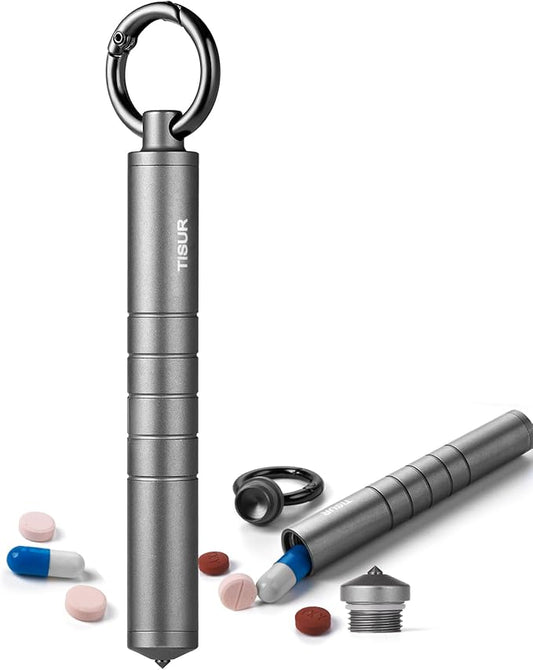 TISUR Small Travel Pill Box,Titanium Keychain Pill Holder Pill Case,Vitamin Organizer Metal Storage Pill Bottle Tube Container Multitool EDC Every Day Carry for Men