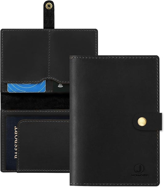 Jack&Chris Genuine Leather Passport Holder For Travel, RFID Blocking Handmade Passport Holder with Card Case Organized & Safe, Quality Travel Essentials for Women and Men for Gifting, Black