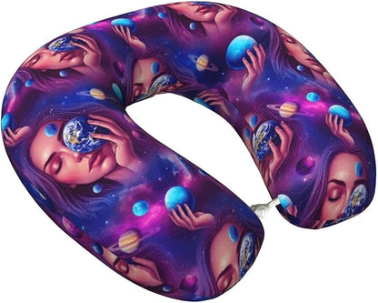 Neck Pillow Memory Foam Travel Pillows Comfortable for Airplane Flight Car Travel Office Nap and Sleeping, Funny Cushion for Head Shoulder Colorful Girl Eat Galaxy Candy