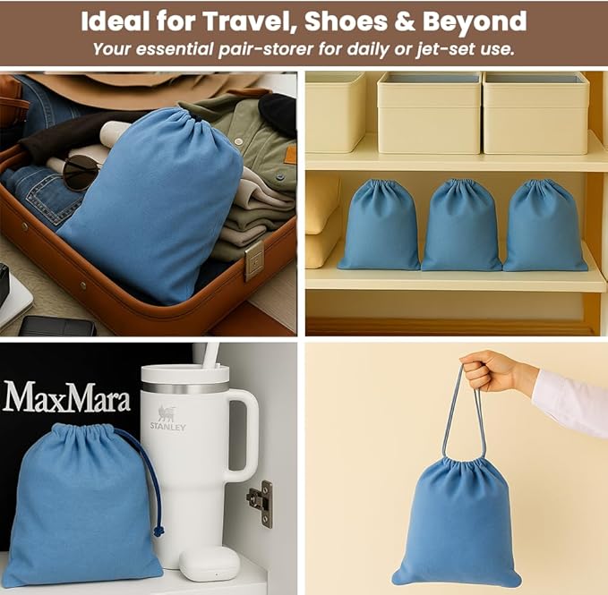 LFH Cotton Rich Shoe Storage Bags with Drawstring, Breathable Reusable Organizer, Perfect For Travel, Dorm, Hotel, College, Gym, Easy to Carry, Machine Washable 12"x17" (Pack of 4) - Sky Blue
