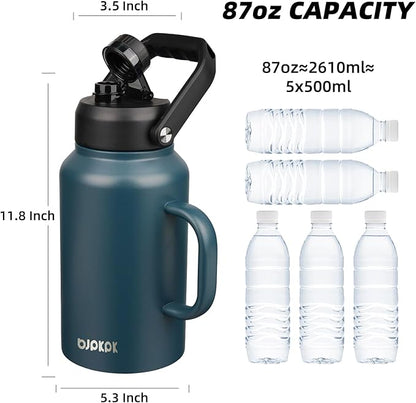 BJPKPK 87oz Insulated Water Bottle with Handle, Large Dishwasher Safe 2/3 Gallon Water Bottle, BPA Free Water Jug, Wide Mouth Metal Flasks with Anti-slip Bottom, Keep Cold & Hot,Navy Blue