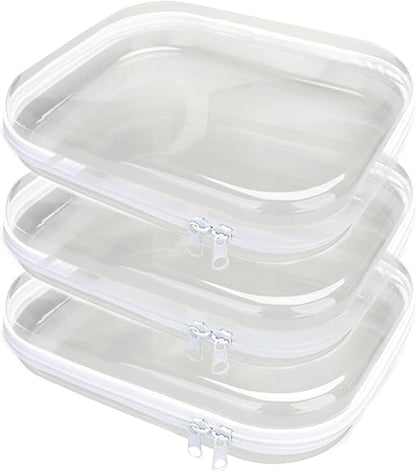 3PCS Clear Hard Plastic Zipper Case, Double Zippers Hard Pouch, Portable Travel Organizer Bin Clear Makeup Bag for Toy Storage, Snack Bag, Cosmetics, Pencil Case, Diaper Bag, Toiletry Bag