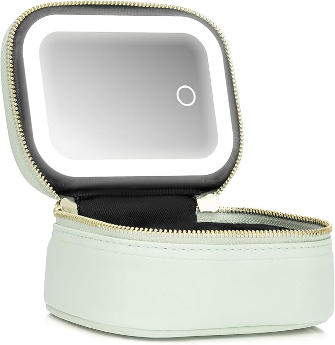 Small Makeup Bag with Led Mirror, Mini Travel Make up Bag 3 Light Modes Adjustable Brightness, for Women Organizer Cosmetic Bag, Portable Travel Train Toiletry Bag, for Pool Parties Work Touch-Ups