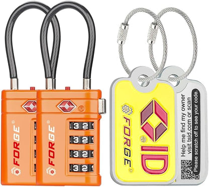 Forge TSA Approved Cable Luggage Locks with TSA008, 4-Digit Combination & Open Alert Indicator, Zinc Alloy Body, 2 Orange Travel Locks with 2 TSID Smart Lost & Found Tags for Luggage & Suitcase