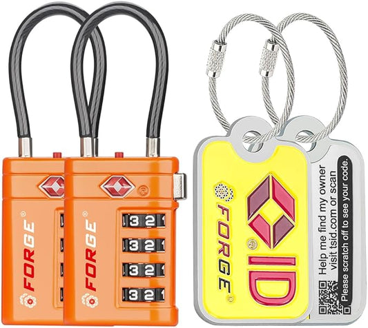 Forge TSA Approved Cable Luggage Locks with TSA008, 4-Digit Combination & Open Alert Indicator, Zinc Alloy Body, 2 Orange Travel Locks with 2 TSID Smart Lost & Found Tags for Luggage & Suitcase