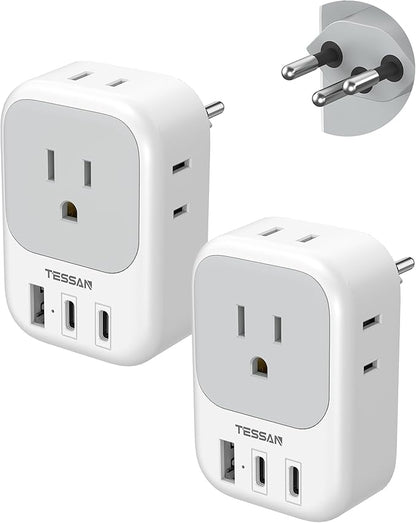 Switzerland Travel Plug Adapter 2 Pack, TESSAN Type J Switzerland Power Adapter with 4 Outlets 3 USB (2 USB-C), Swiss Plug for US to Rwanda Jordan Liechtenstein Madagascar, Travel Essentials