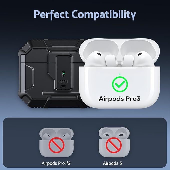 DASFOND Armor Earphone Cover Case for Airpods Pro 3, Military Grade Full Body Shockproof Protection Hard Case, Support Wireless Charging with Keychain, Magnetic Lid, Front LED Visible, Black