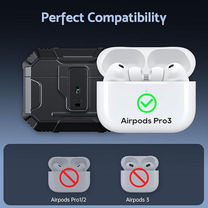 DASFOND Armor Earphone Cover Case for Airpods Pro 3, Military Grade Full Body Shockproof Protection Hard Case, Support Wireless Charging with Keychain, Magnetic Lid, Front LED Visible, Black